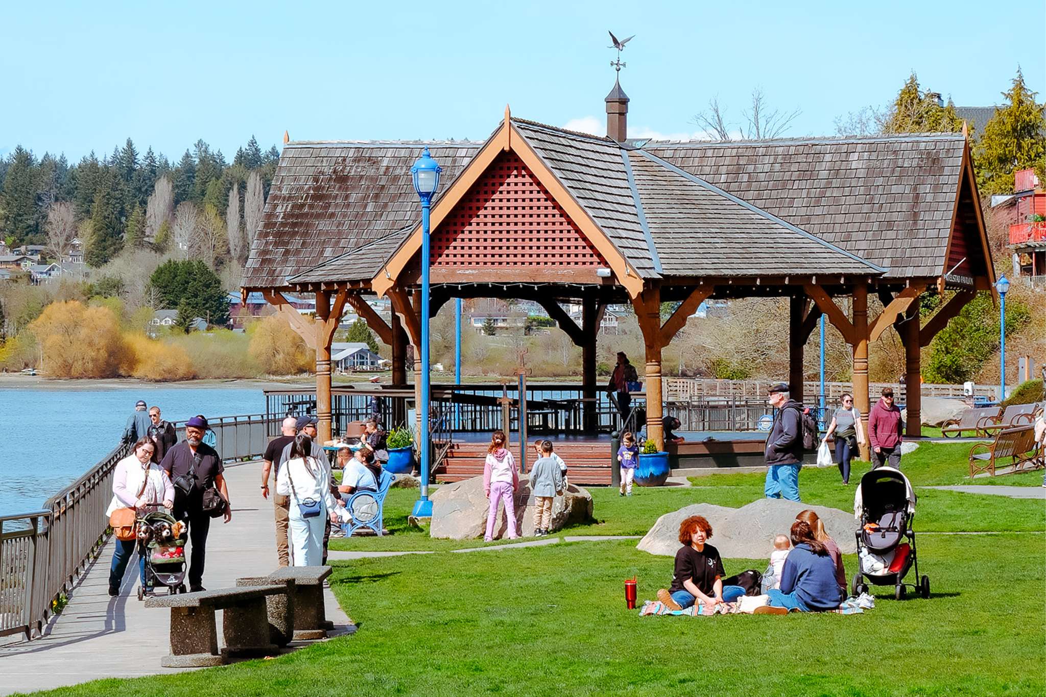 Visitors enjoying the Poulsbo waterfront on Liberty Bay, WA
