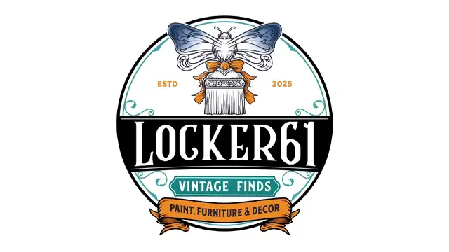 Locker61 Vintage Finds logo: circular badge with a butterfly crest, bold LOCKER61 text, teal 'Vintage Finds' banner, and orange ribbon 'Paint, Furniture & Decor'