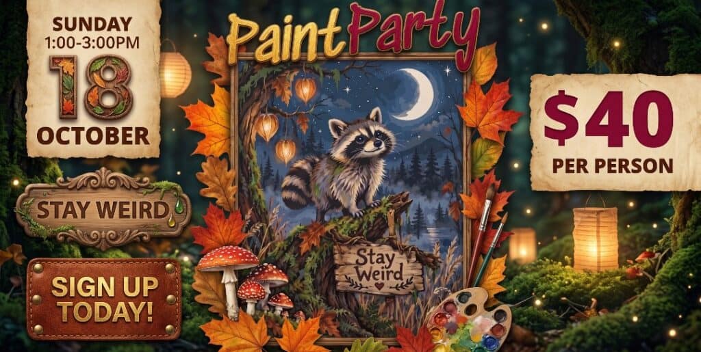 Raccoon painting at a fall-themed paint party in Poulsbo.