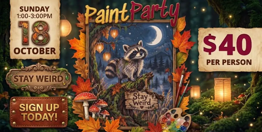 Raccoon painting at a fall-themed paint party in Poulsbo.