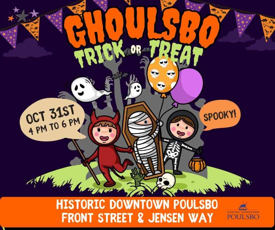 Halloween trick or treat event in Poulsbo with kids in costumes and spooky decorations.