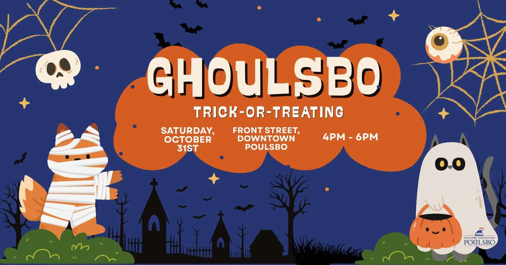 Halloween trick-or-treating in downtown Poulsbo with festive decorations.