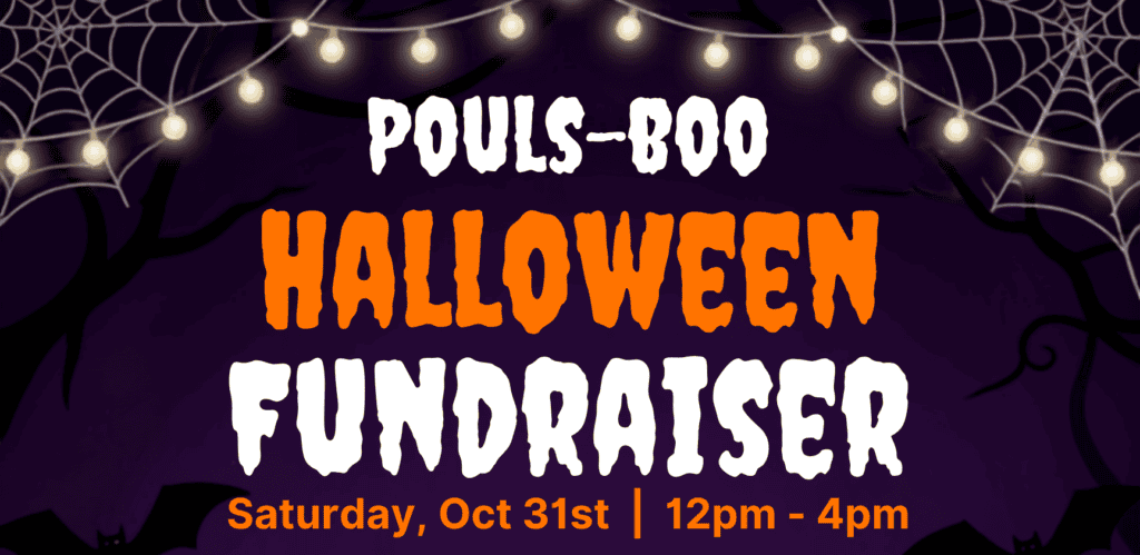 Halloween fundraiser poster with spooky trees and spider webs for Pouls-Boo event.