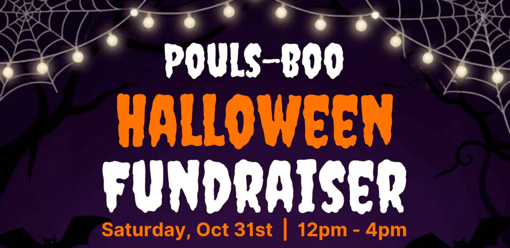 Halloween fundraiser poster with spooky trees and spider webs for Pouls-Boo event.