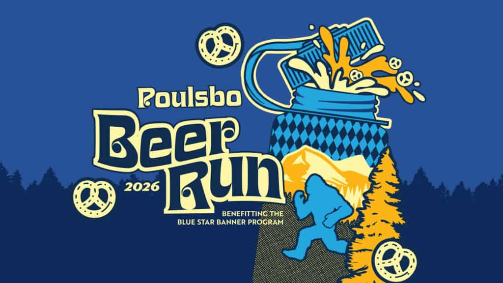 Poulsbo Beer Run 2026 logo with beer mug and pretzels.
