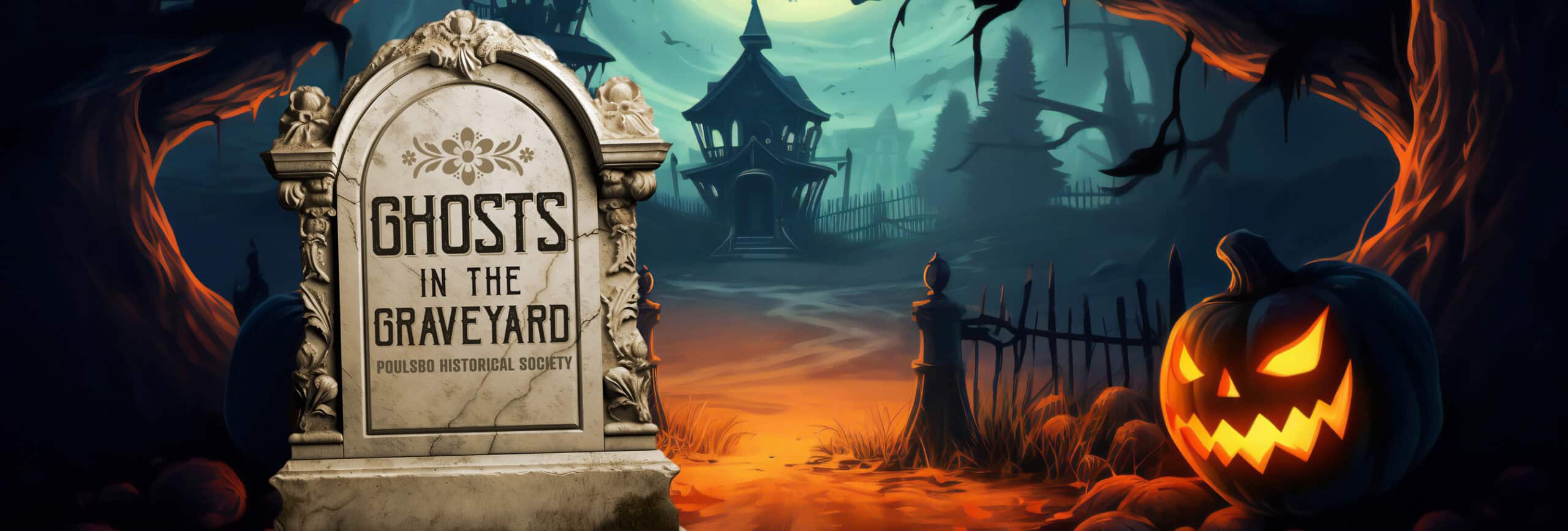 Spooky graveyard scene with a carved pumpkin and haunted house in the background.