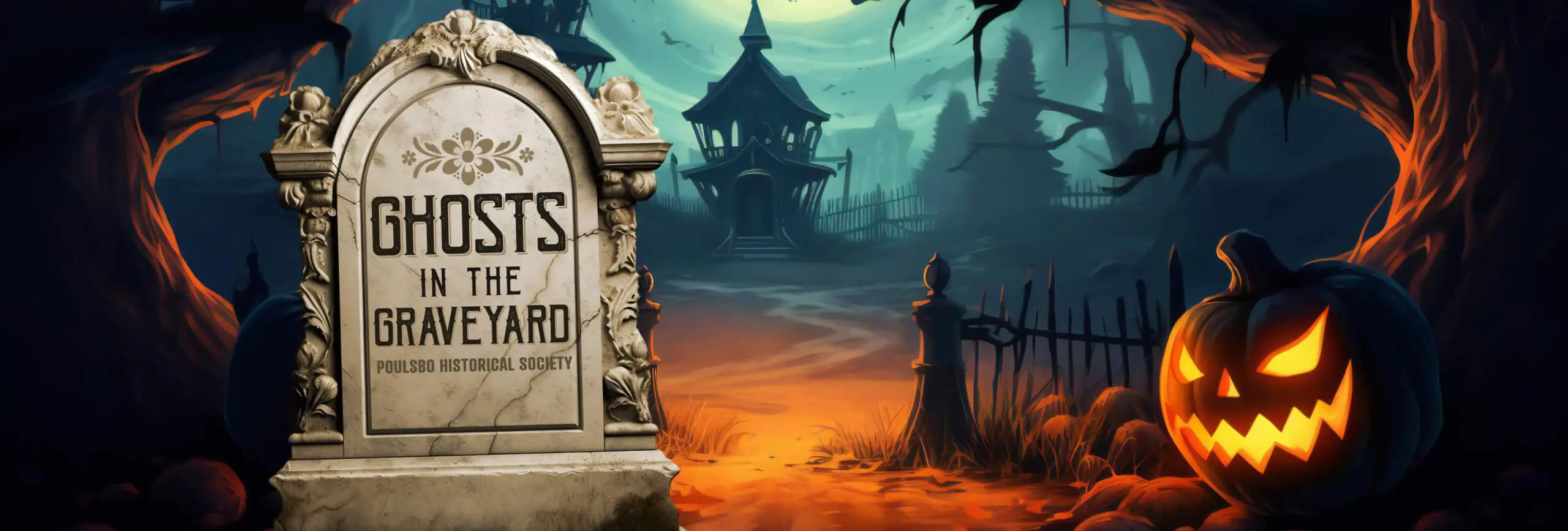 Spooky graveyard scene with a carved pumpkin and haunted house in the background.