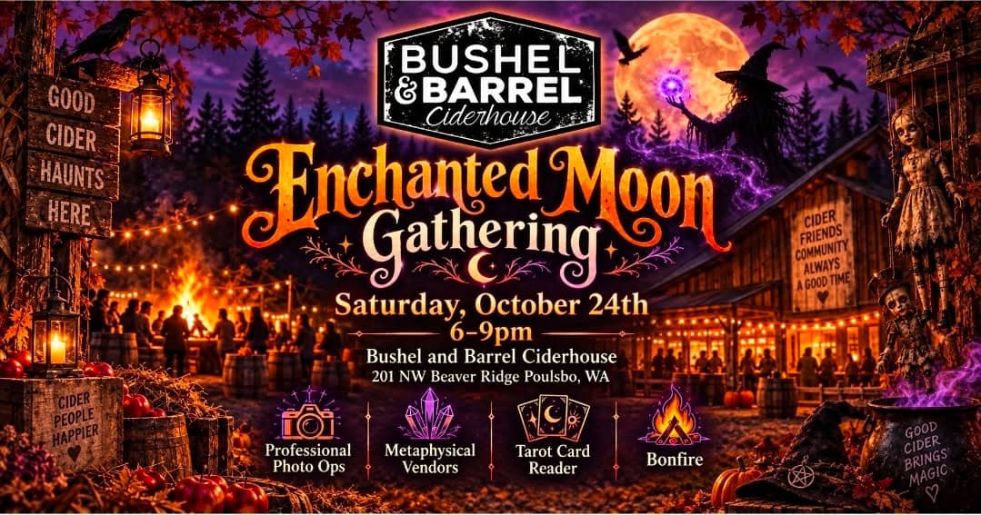 Night scene of Enchanted Moon Gathering at Bushel & Barrel ciderhouse with festive lights and moon.
