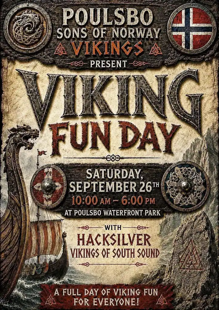 Viking Fun Day poster with Viking ships and Norse symbols in Poulsbo.