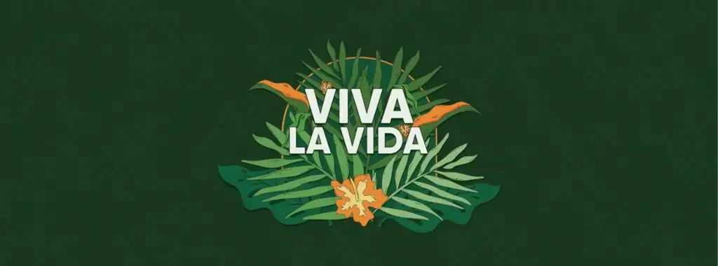 Viva La Vida logo with tropical leaves and flower for Hispanic art celebration.