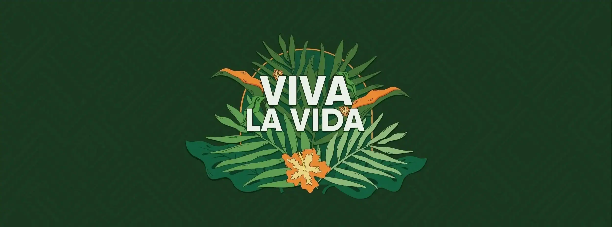 Viva La Vida logo with tropical leaves and flower for Hispanic art celebration.